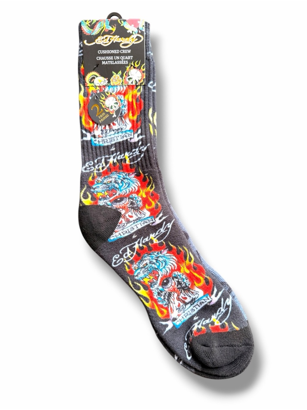 Ed Hardy Flaming Tattoo-inspired Logo Cushioned Crew Socks Graphic 2 pack NWT